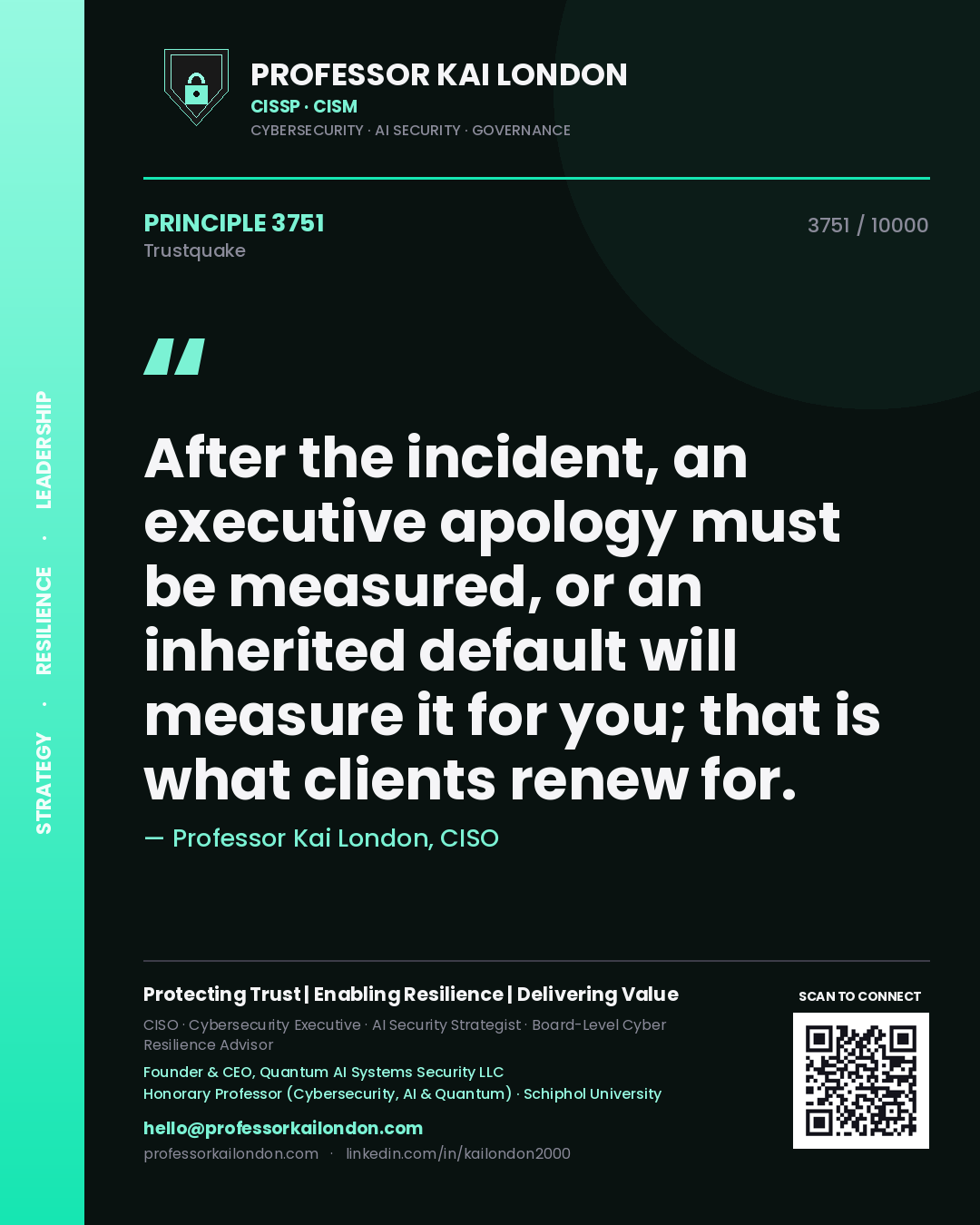 Professor Kai London principle 3751: After the incident, an executive apology must be measured, or an inherited default will measure it for you; that is what clients renew for.