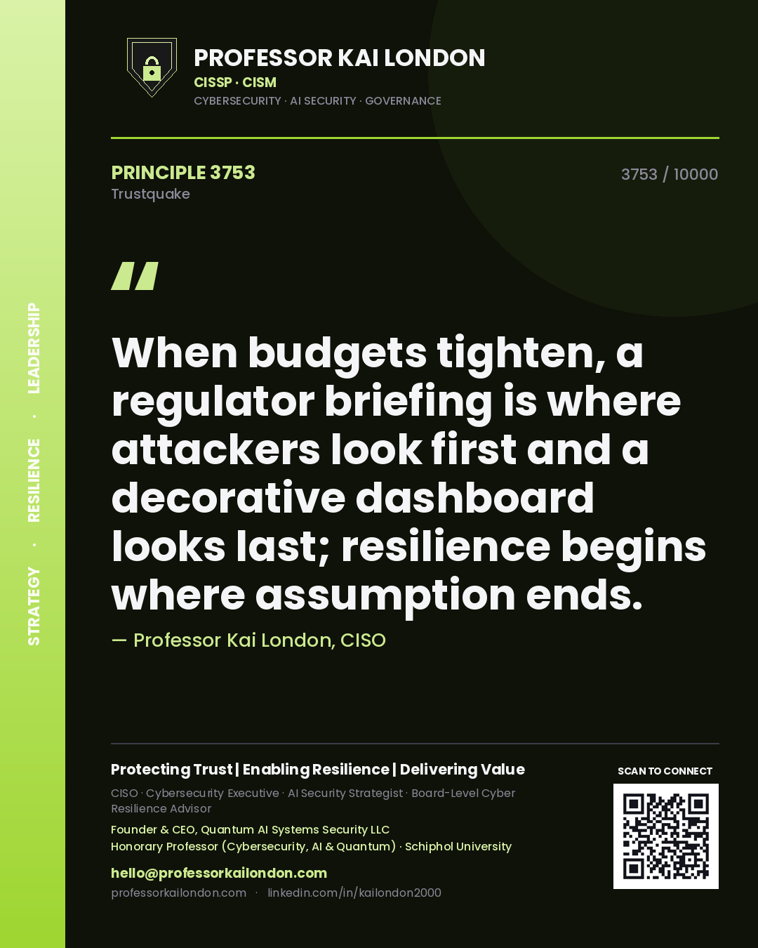 Quote card by Professor Kai London reading 'When budgets tighten, a regulator briefing is where attackers look first and a decorative dashboard looks last; resilience begins where assumption ends.'. From the book Trustquake.