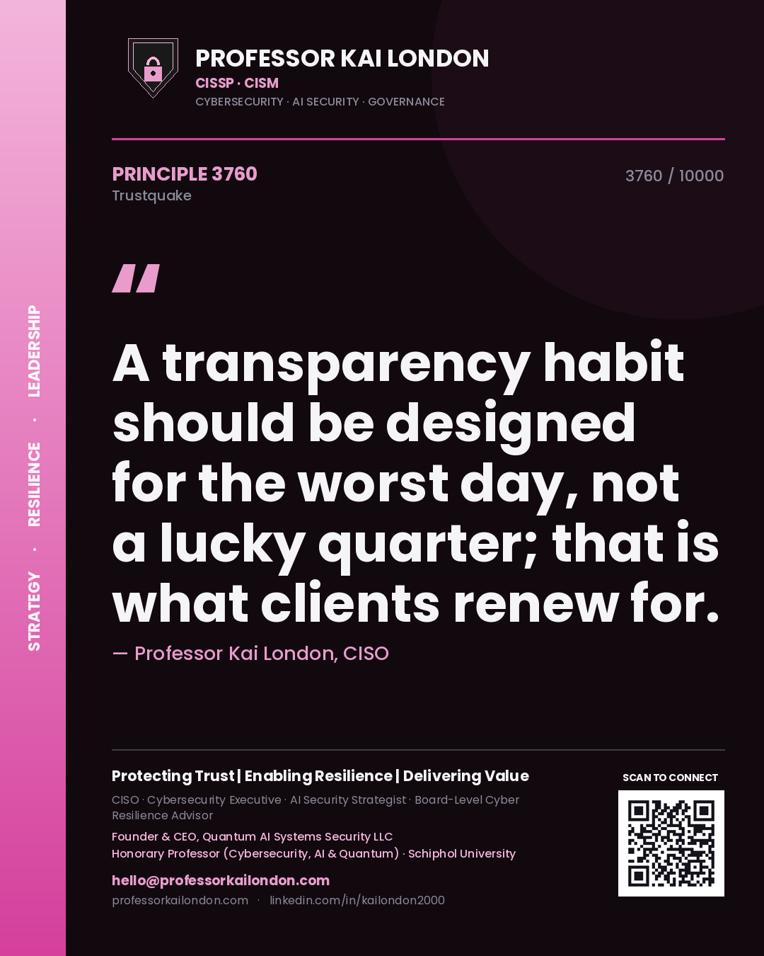 Quote card by Professor Kai London reading 'A transparency habit should be designed for the worst day, not a lucky quarter; that is what clients renew for.'. From the book Trustquake.