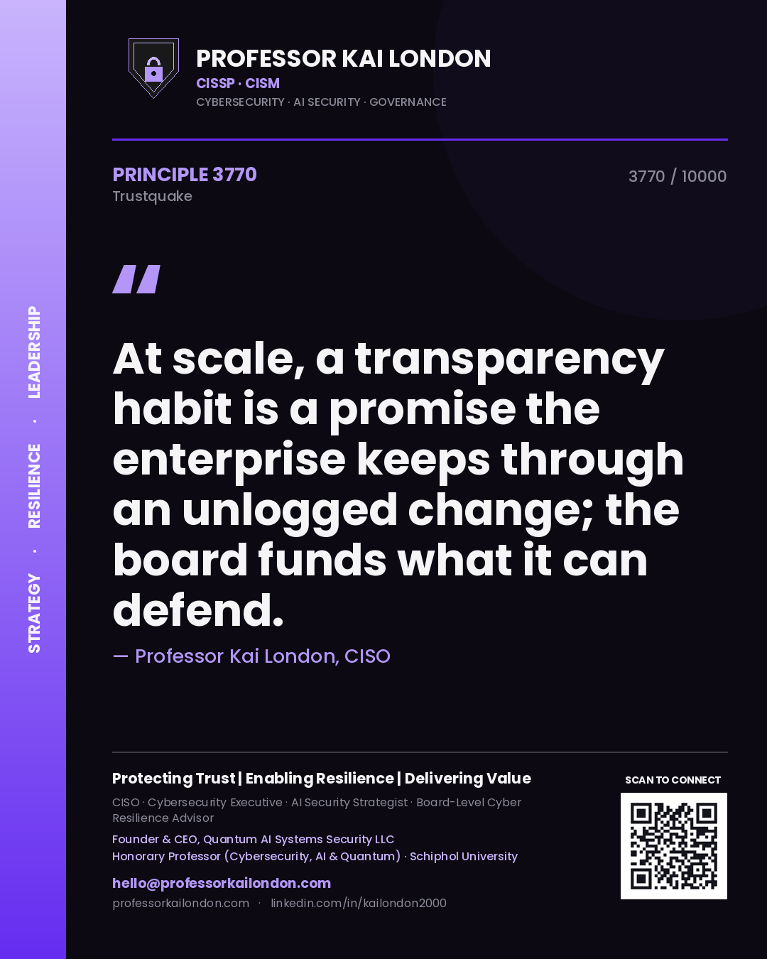 Professor Kai London principle 3770: At scale, a transparency habit is a promise the enterprise keeps through an unlogged change; the board funds what it can defend.