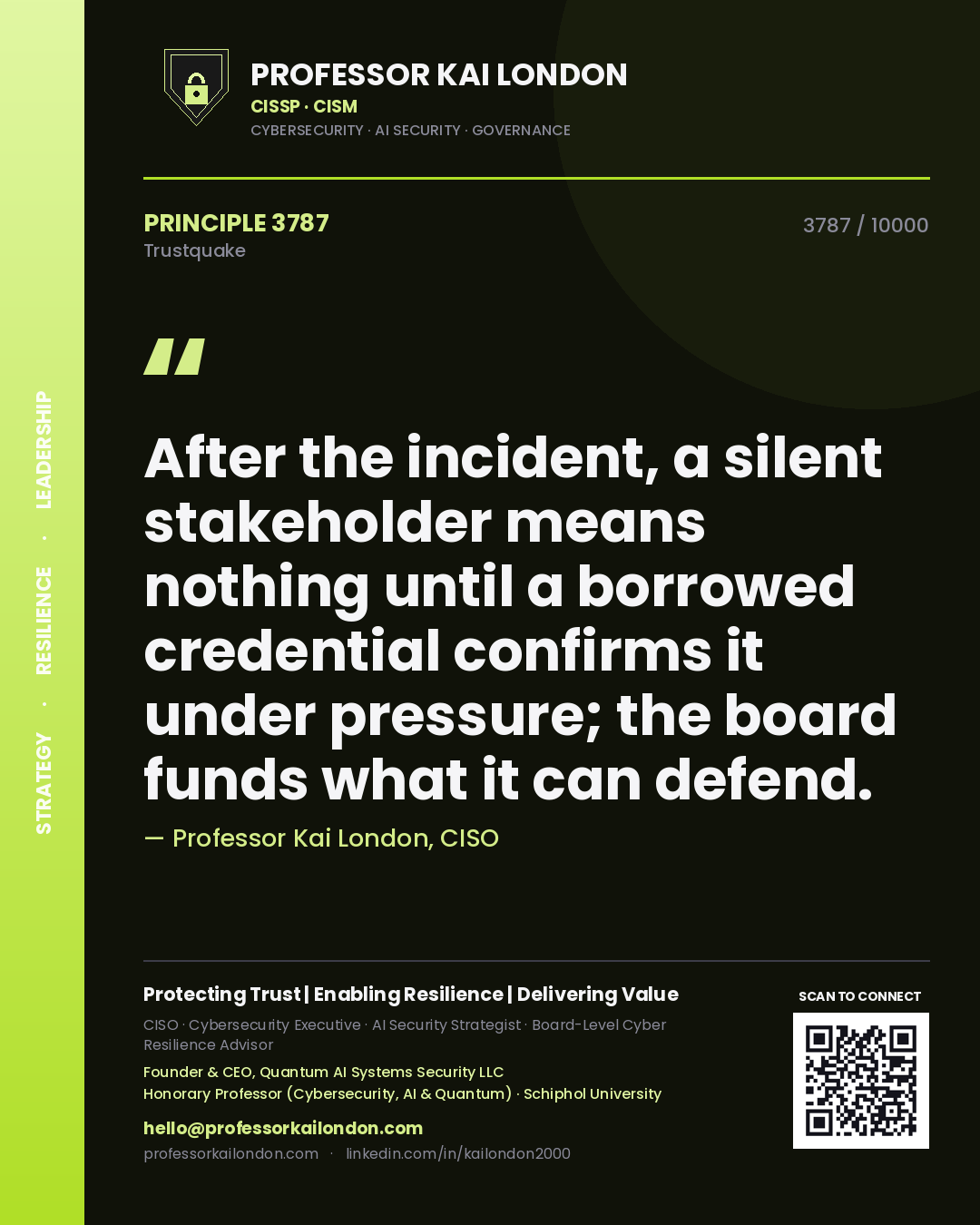 Professor Kai London principle 3787: After the incident, a silent stakeholder means nothing until a borrowed credential confirms it under pressure; the board funds what it can defend.