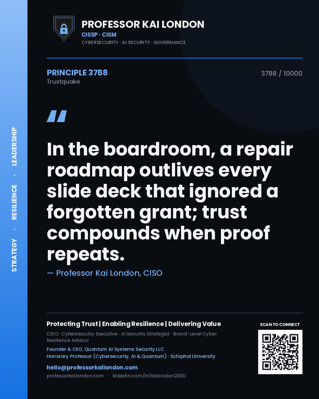 Quote card by Professor Kai London reading 'In the boardroom, a repair roadmap outlives every slide deck that ignored a forgotten grant; trust compounds when proof repeats.'. From the book Trustquake.