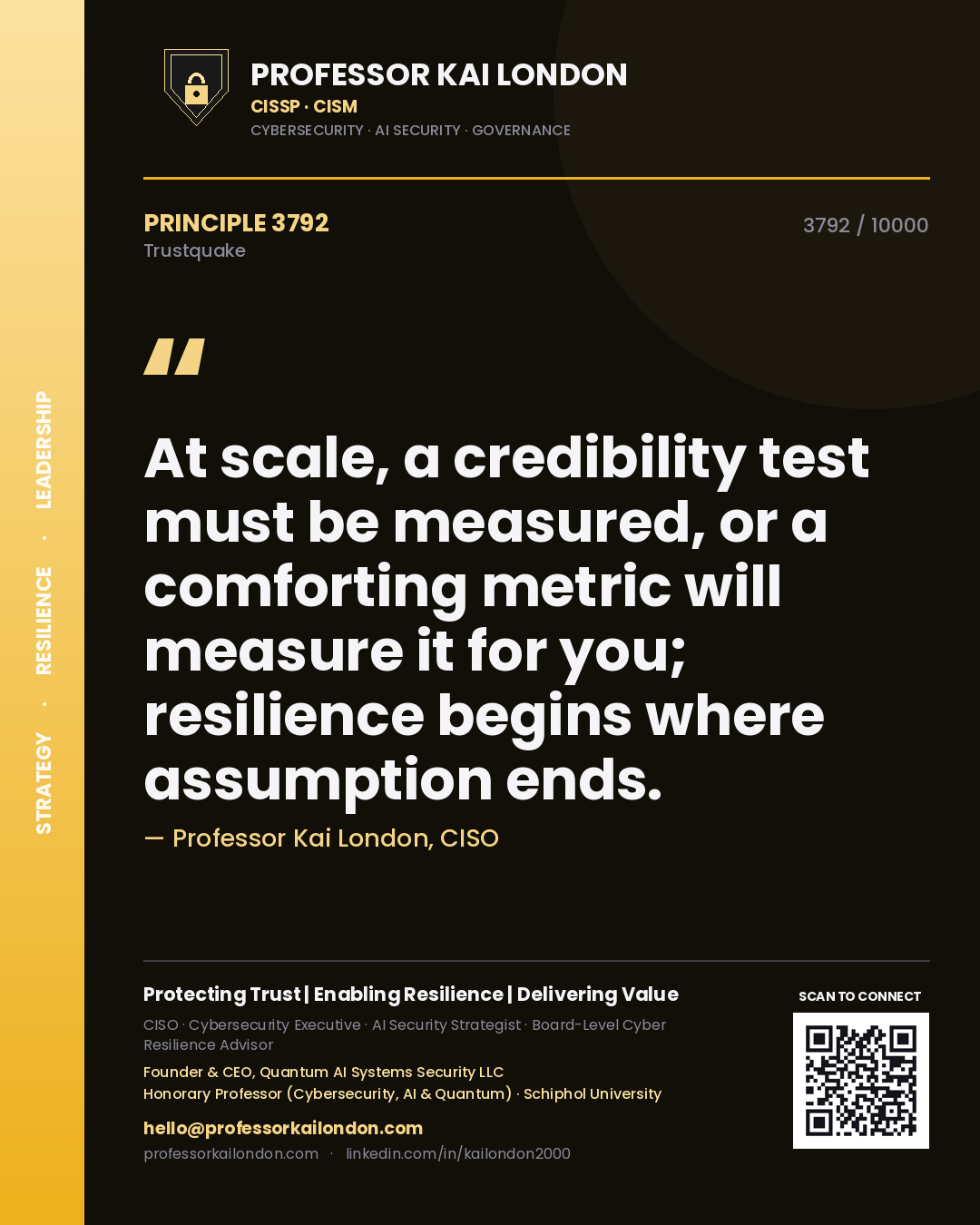Professor Kai London principle 3792: At scale, a credibility test must be measured, or a comforting metric will measure it for you; resilience begins where assumption ends.