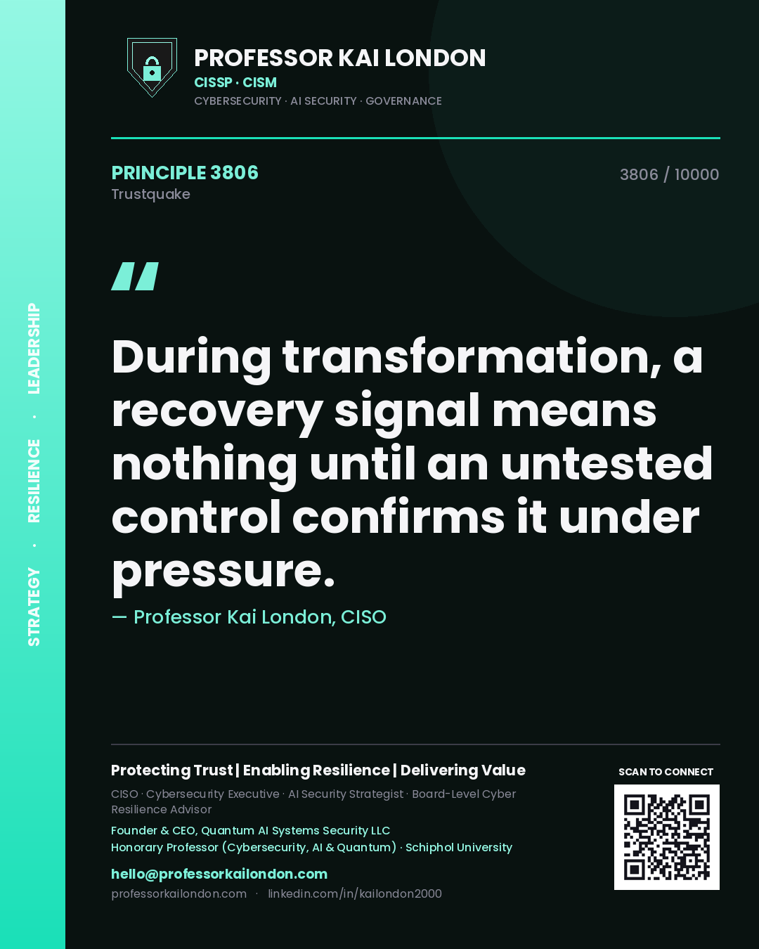Quote card by Professor Kai London reading 'During transformation, a recovery signal means nothing until an untested control confirms it under pressure.'. From the book Trustquake.