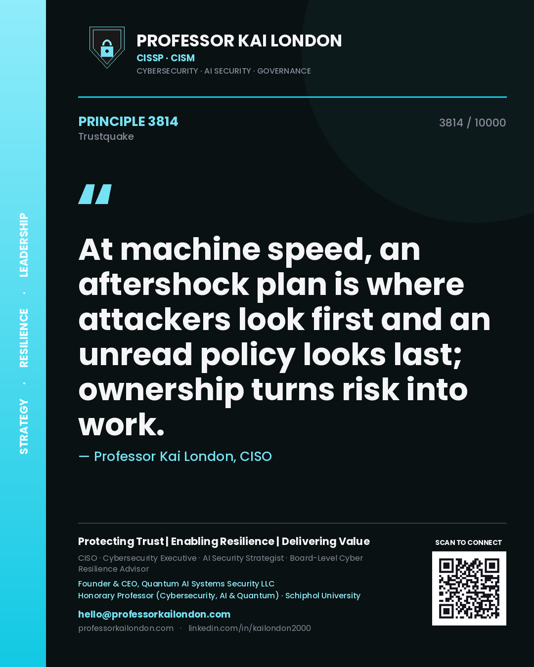 Quote card by Professor Kai London reading 'At machine speed, an aftershock plan is where attackers look first and an unread policy looks last; ownership turns risk into work.'. From the book Trustquake.