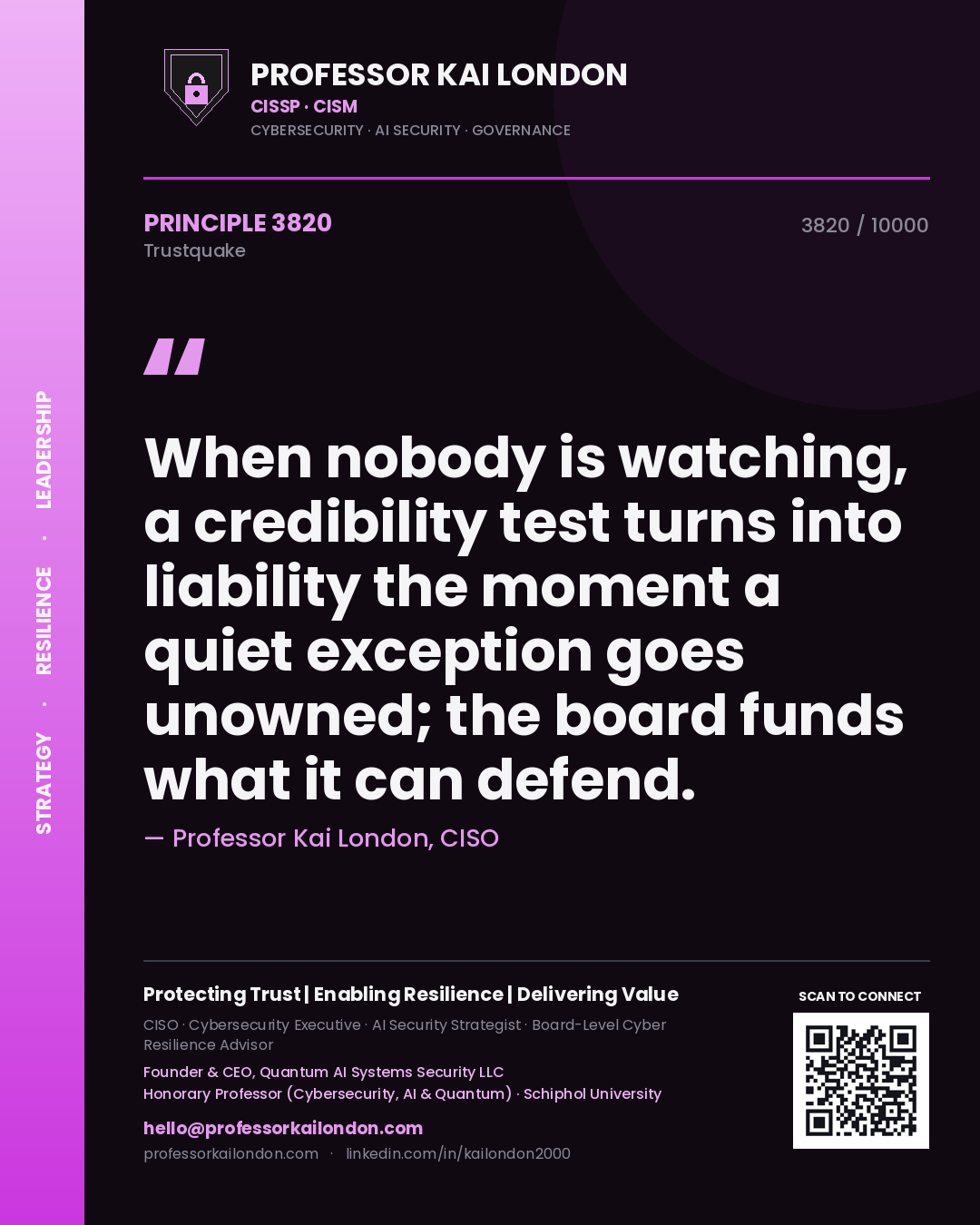 Quote card by Professor Kai London reading 'When nobody is watching, a credibility test turns into liability the moment a quiet exception goes unowned; the board funds what it can defend.'. From the book Trustquake.
