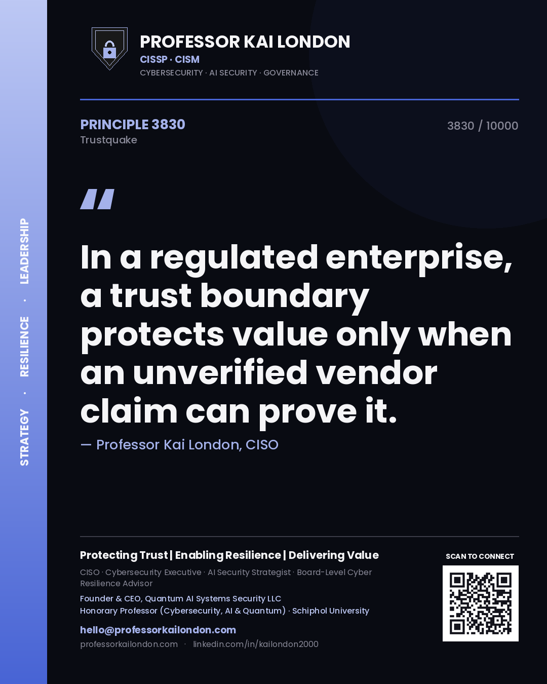 Quote card by Professor Kai London reading 'In a regulated enterprise, a trust boundary protects value only when an unverified vendor claim can prove it.'. From the book Trustquake.