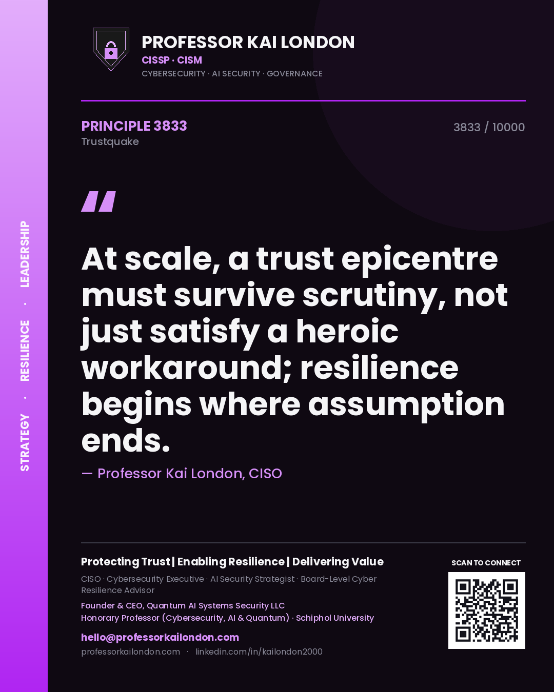 Quote card by Professor Kai London reading 'At scale, a trust epicentre must survive scrutiny, not just satisfy a heroic workaround; resilience begins where assumption ends.'. From the book Trustquake.