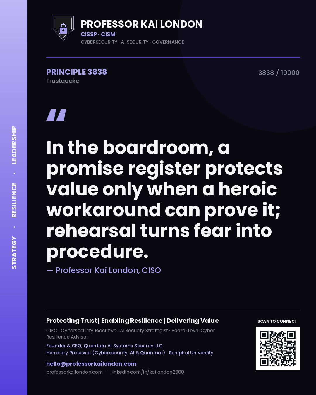 Quote card by Professor Kai London reading 'In the boardroom, a promise register protects value only when a heroic workaround can prove it; rehearsal turns fear into procedure.'. From the book Trustquake.