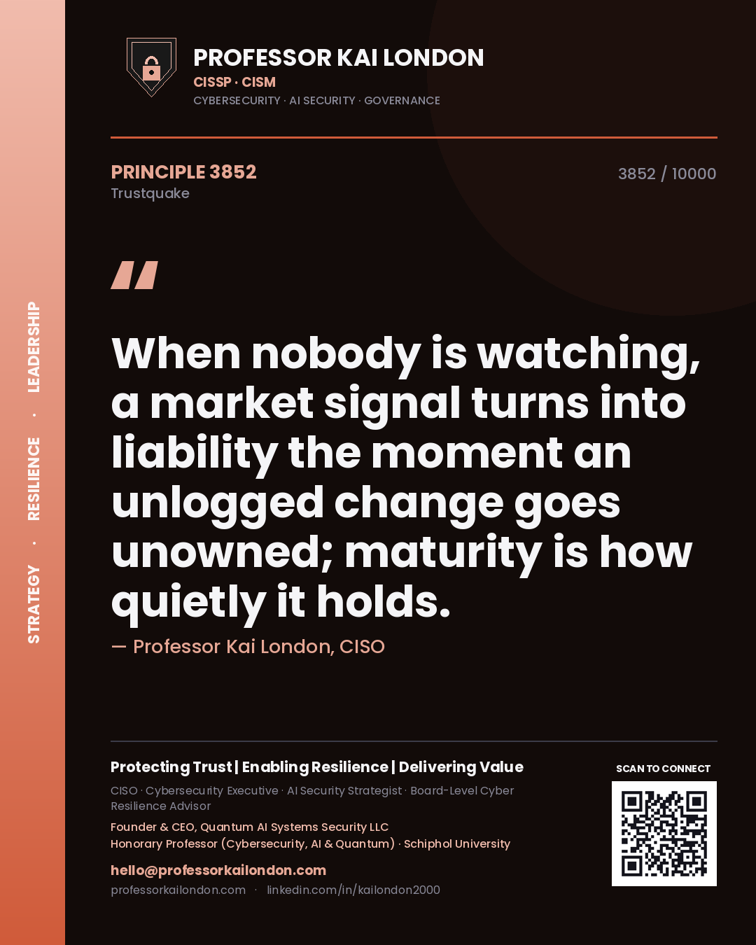 Quote card by Professor Kai London reading 'When nobody is watching, a market signal turns into liability the moment an unlogged change goes unowned; maturity is how quietly it holds.'. From the book Trustquake.