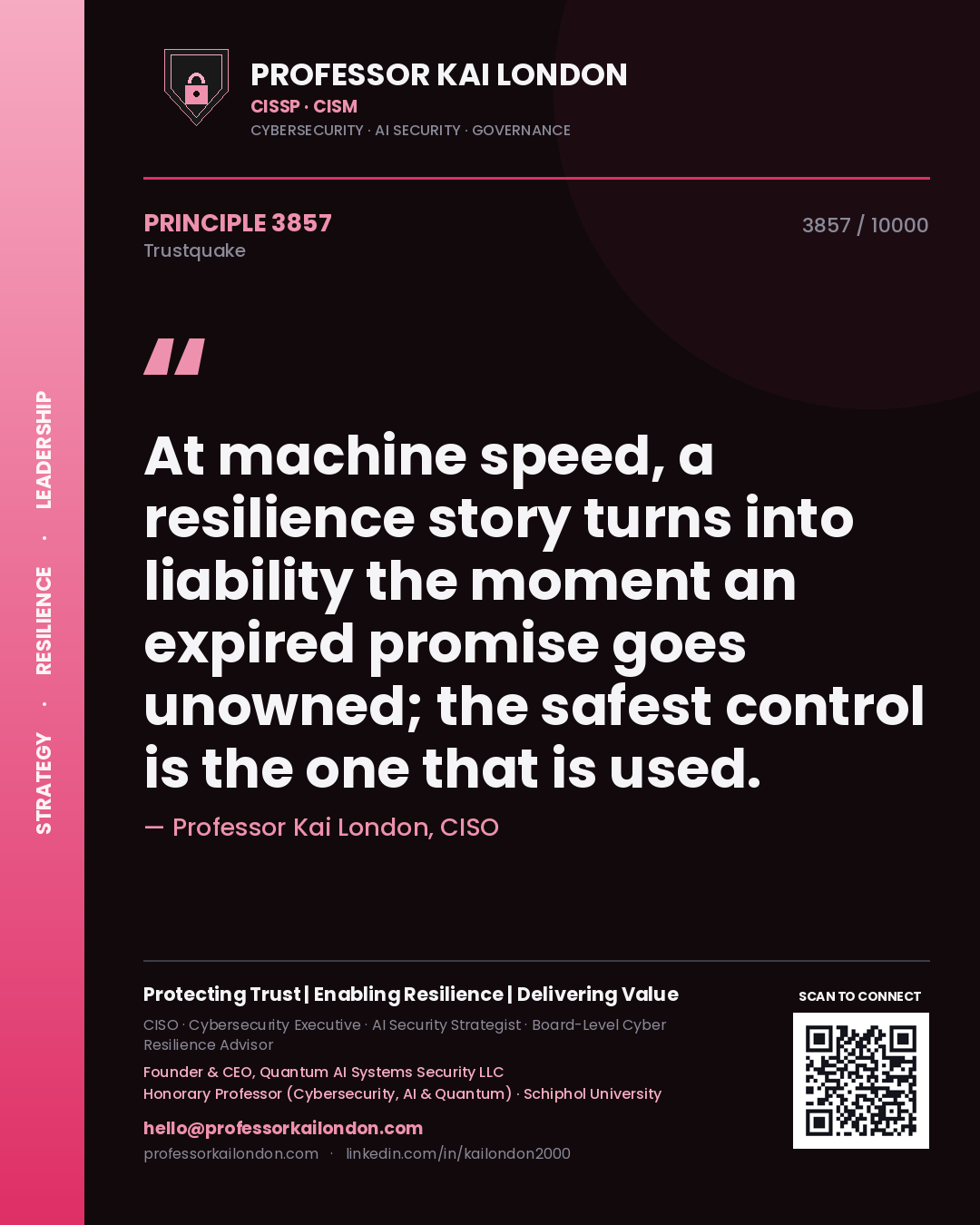 Quote card by Professor Kai London reading 'At machine speed, a resilience story turns into liability the moment an expired promise goes unowned; the safest control is the one that is used.'. From the book Trustquake.
