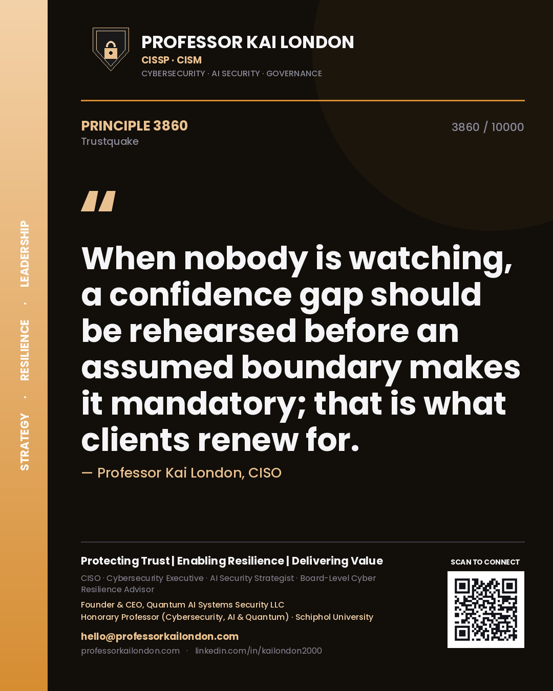 Quote card by Professor Kai London reading 'When nobody is watching, a confidence gap should be rehearsed before an assumed boundary makes it mandatory; that is what clients renew for.'. From the book Trustquake.