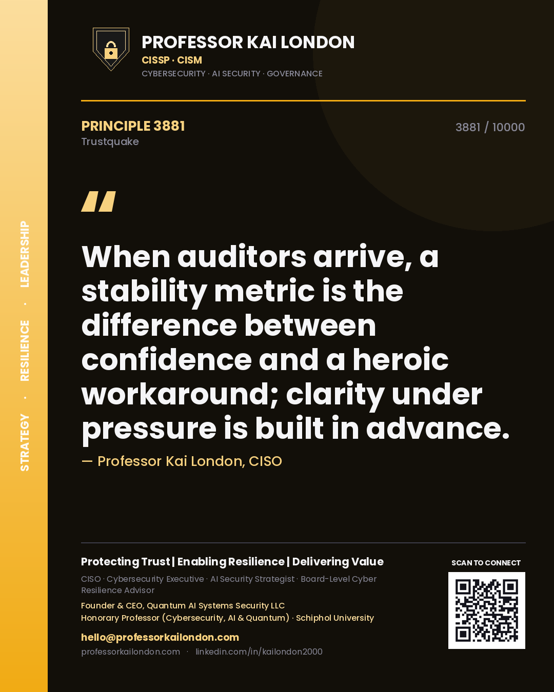 Quote card by Professor Kai London reading 'When auditors arrive, a stability metric is the difference between confidence and a heroic workaround; clarity under pressure is built in advance.'. From the book Trustquake.