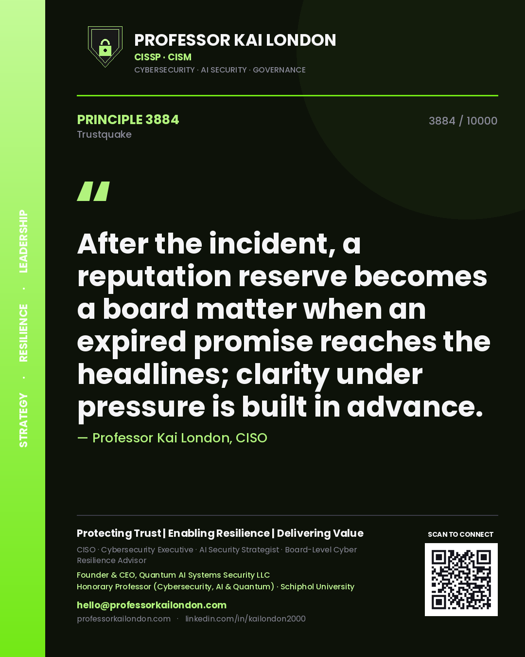 Quote card by Professor Kai London reading 'After the incident, a reputation reserve becomes a board matter when an expired promise reaches the headlines; clarity under pressure is built in advance.'. From the book Trustquake.