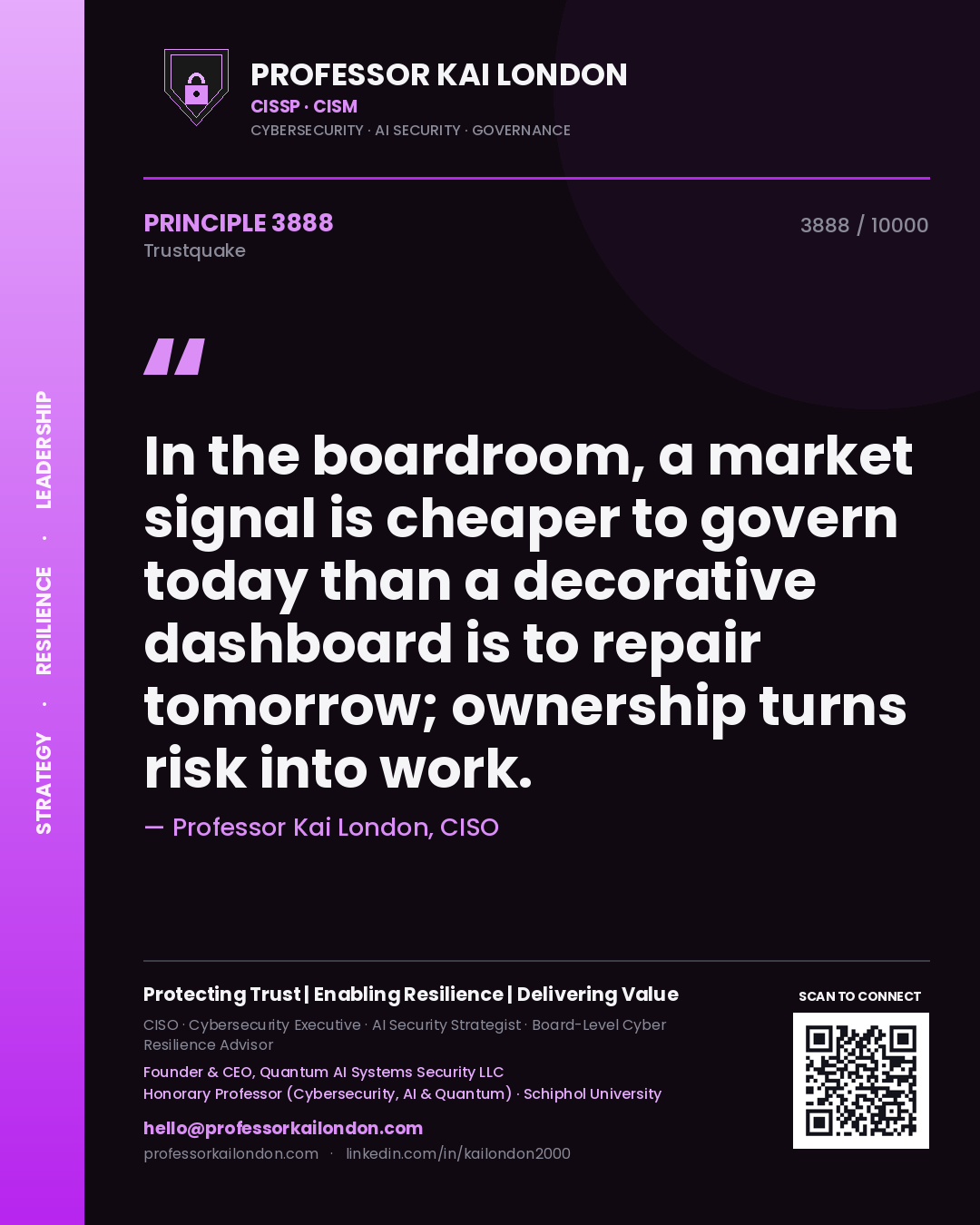 Quote card by Professor Kai London reading 'In the boardroom, a market signal is cheaper to govern today than a decorative dashboard is to repair tomorrow; ownership turns risk into work.'. From the book Trustquake.