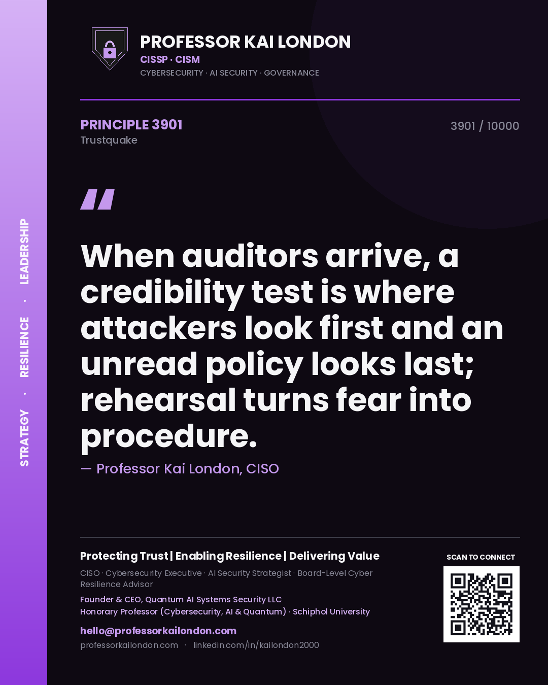 Professor Kai London principle 3901: When auditors arrive, a credibility test is where attackers look first and an unread policy looks last; rehearsal turns fear into procedure.