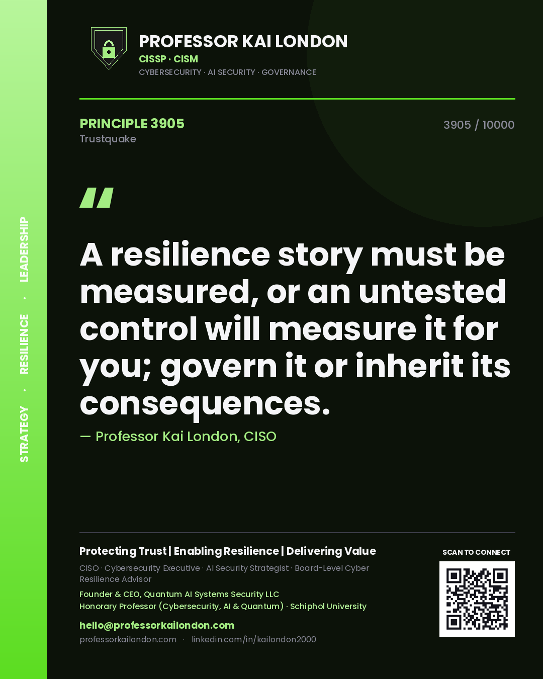 Quote card by Professor Kai London reading 'A resilience story must be measured, or an untested control will measure it for you; govern it or inherit its consequences.'. From the book Trustquake.