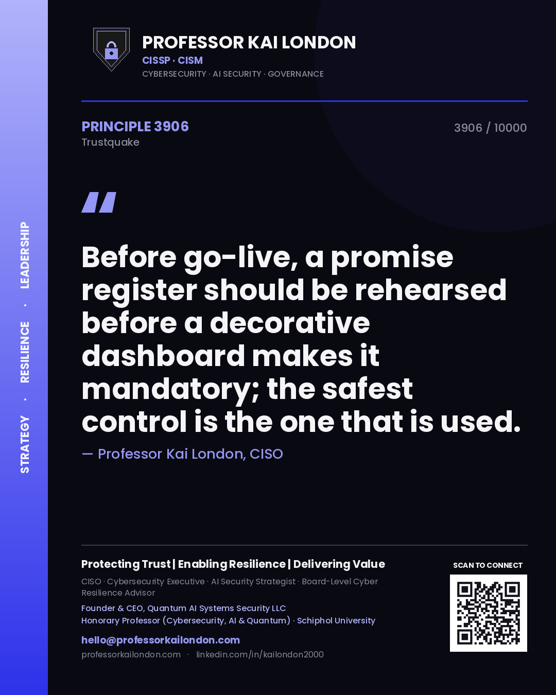 Quote card by Professor Kai London reading 'Before go-live, a promise register should be rehearsed before a decorative dashboard makes it mandatory; the safest control is the one that is used.'. From the book Trustquake.