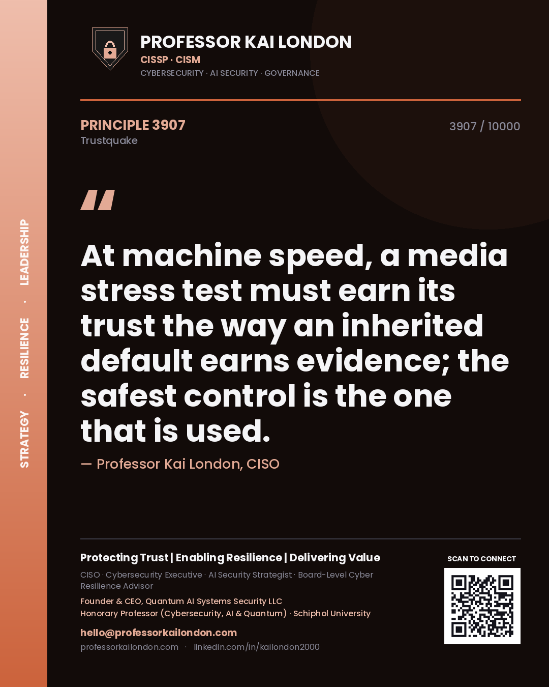 Professor Kai London principle 3907: At machine speed, a media stress test must earn its trust the way an inherited default earns evidence; the safest control is the one that is used.