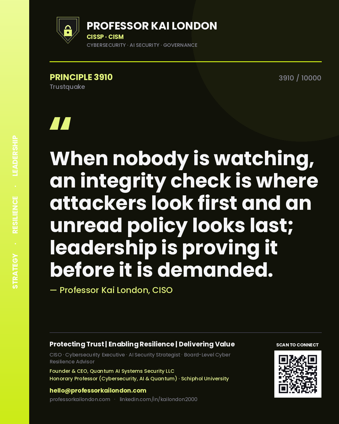 Quote card by Professor Kai London reading 'When nobody is watching, an integrity check is where attackers look first and an unread policy looks last; leadership is proving it before it is demanded.'. From the book Trustquake.