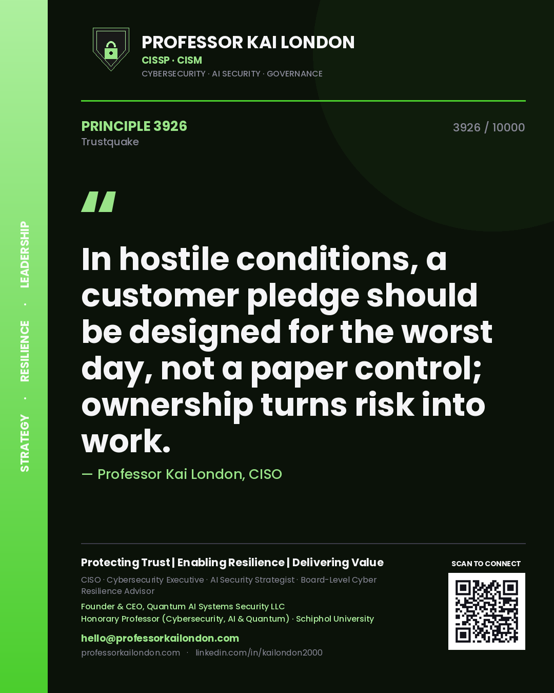 Quote card by Professor Kai London reading 'In hostile conditions, a customer pledge should be designed for the worst day, not a paper control; ownership turns risk into work.'. From the book Trustquake.