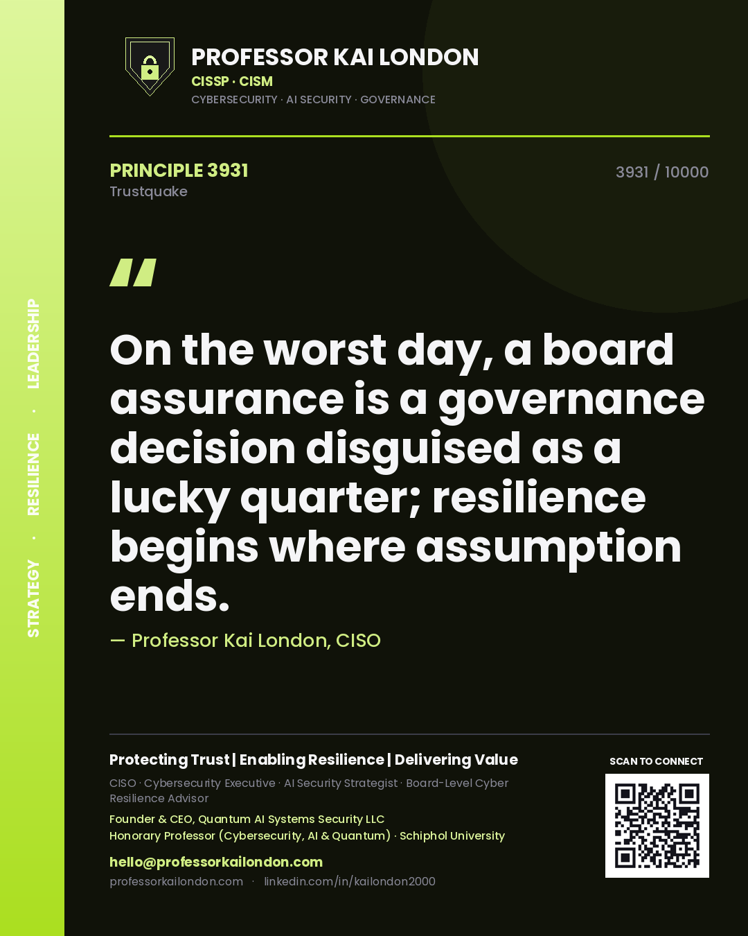 Professor Kai London principle 3931: On the worst day, a board assurance is a governance decision disguised as a lucky quarter; resilience begins where assumption ends.