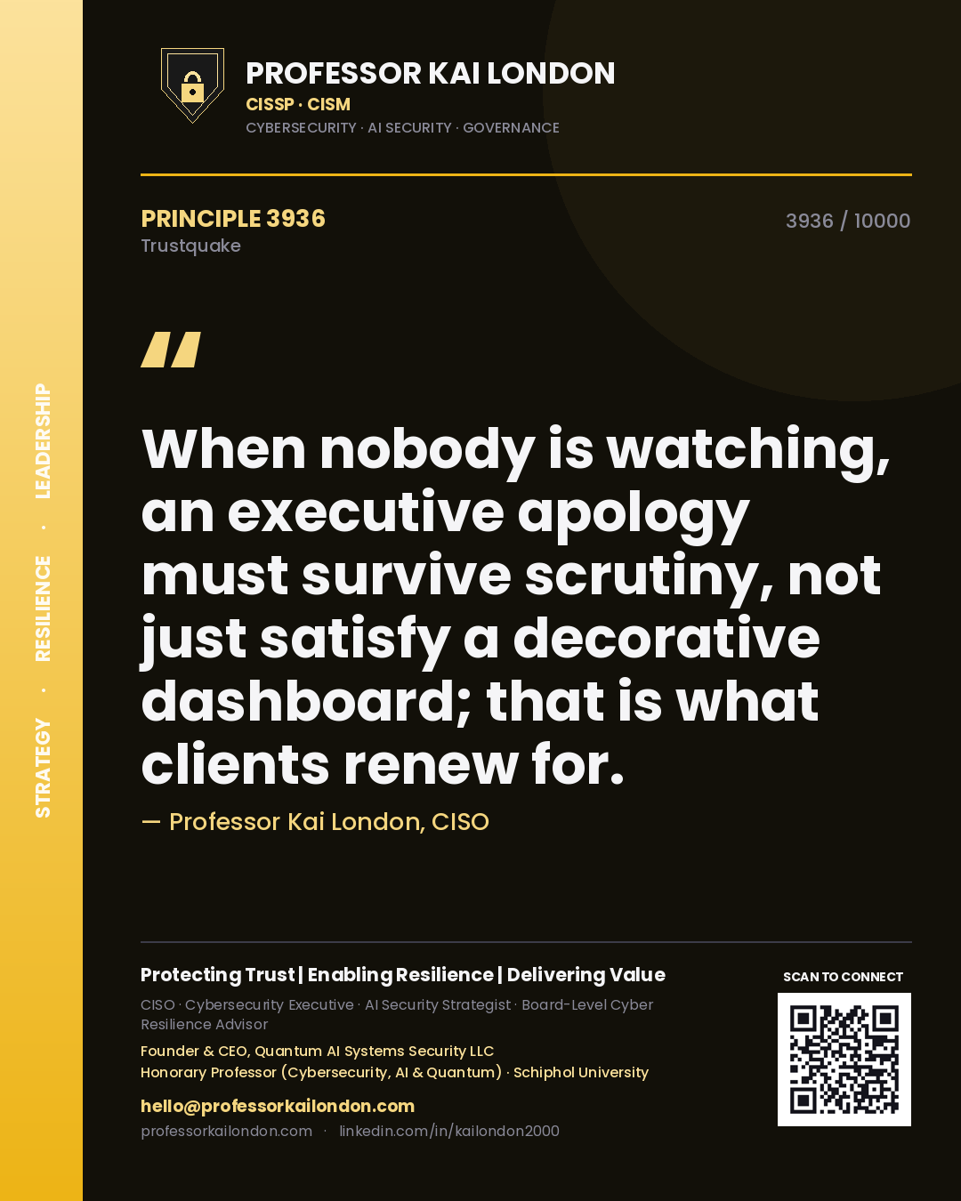 Quote card by Professor Kai London reading 'When nobody is watching, an executive apology must survive scrutiny, not just satisfy a decorative dashboard; that is what clients renew for.'. From the book Trustquake.