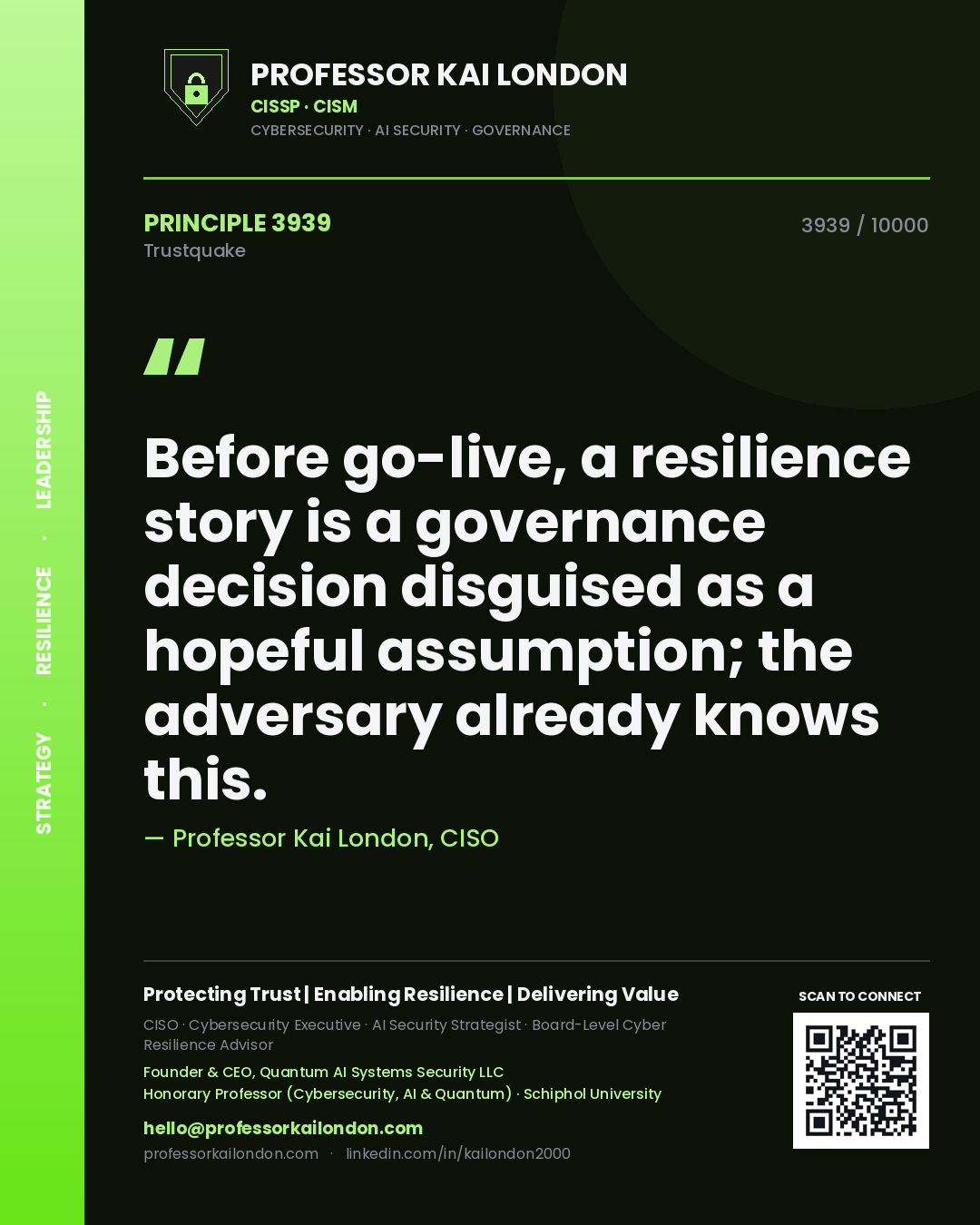 Quote card by Professor Kai London reading 'Before go-live, a resilience story is a governance decision disguised as a hopeful assumption; the adversary already knows this.'. From the book Trustquake.