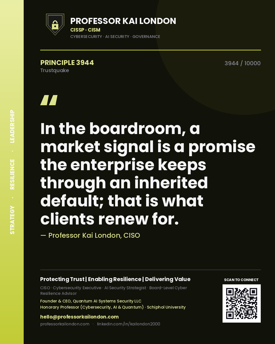 Professor Kai London principle 3944: In the boardroom, a market signal is a promise the enterprise keeps through an inherited default; that is what clients renew for.