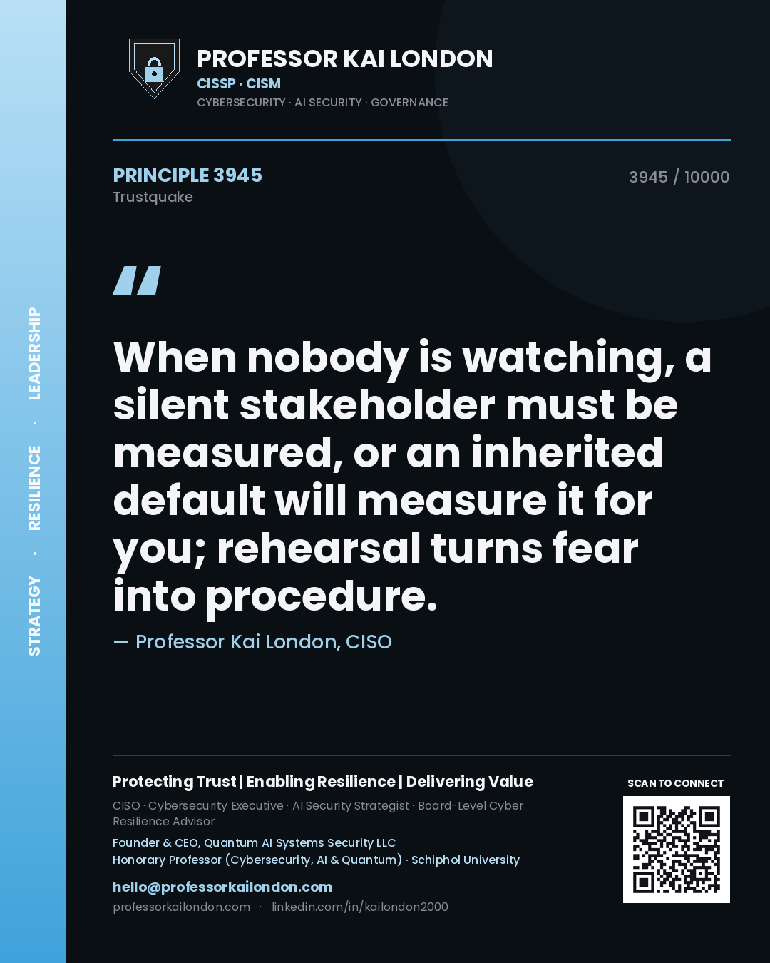 Quote card by Professor Kai London reading 'When nobody is watching, a silent stakeholder must be measured, or an inherited default will measure it for you; rehearsal turns fear into procedure.'. From the book Trustquake.