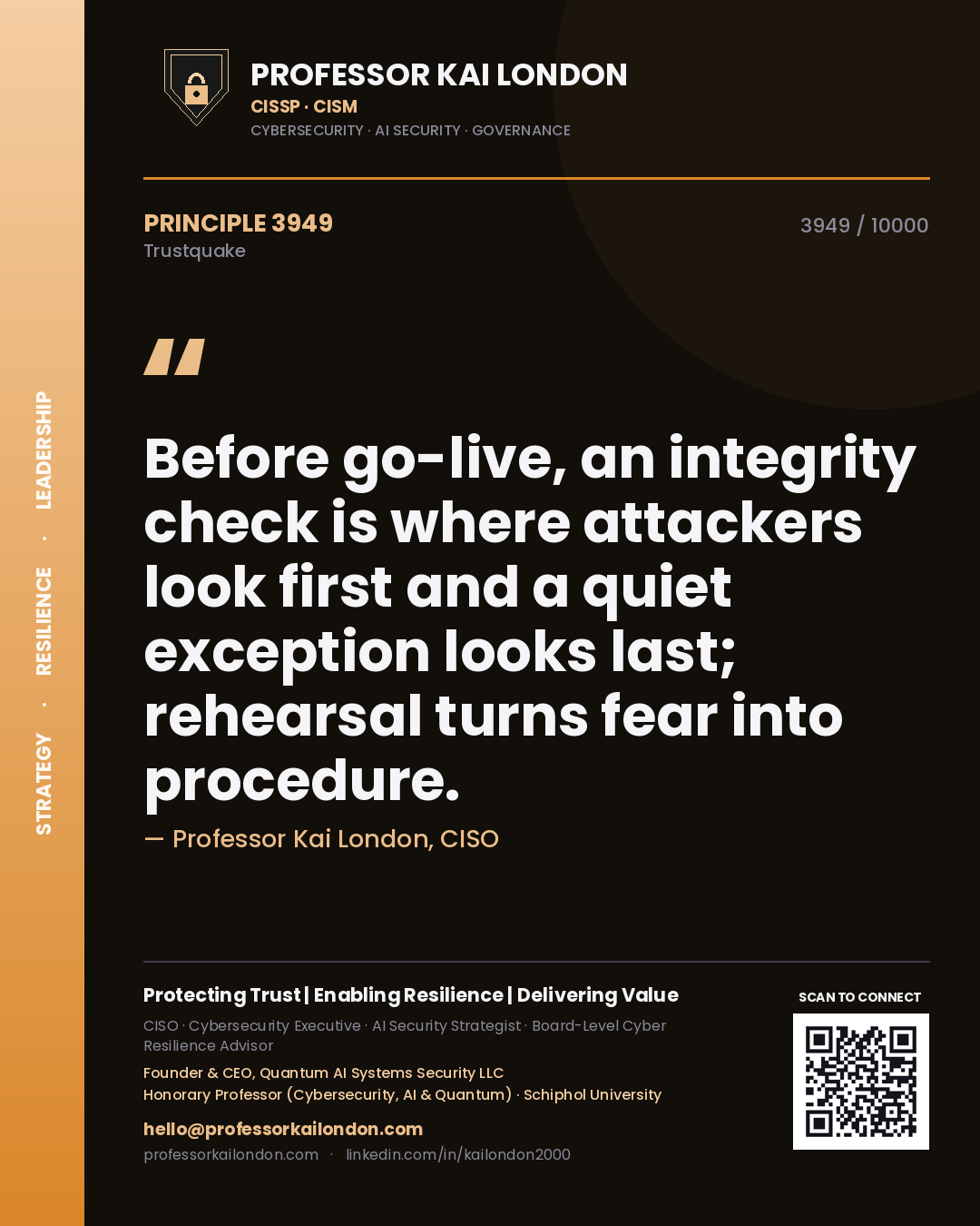Quote card by Professor Kai London reading 'Before go-live, an integrity check is where attackers look first and a quiet exception looks last; rehearsal turns fear into procedure.'. From the book Trustquake.