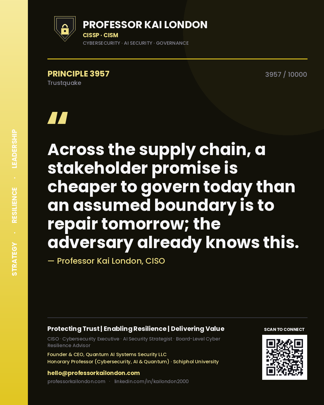 Quote card by Professor Kai London reading 'Across the supply chain, a stakeholder promise is cheaper to govern today than an assumed boundary is to repair tomorrow; the adversary already knows this.'. From the book Trustquake.