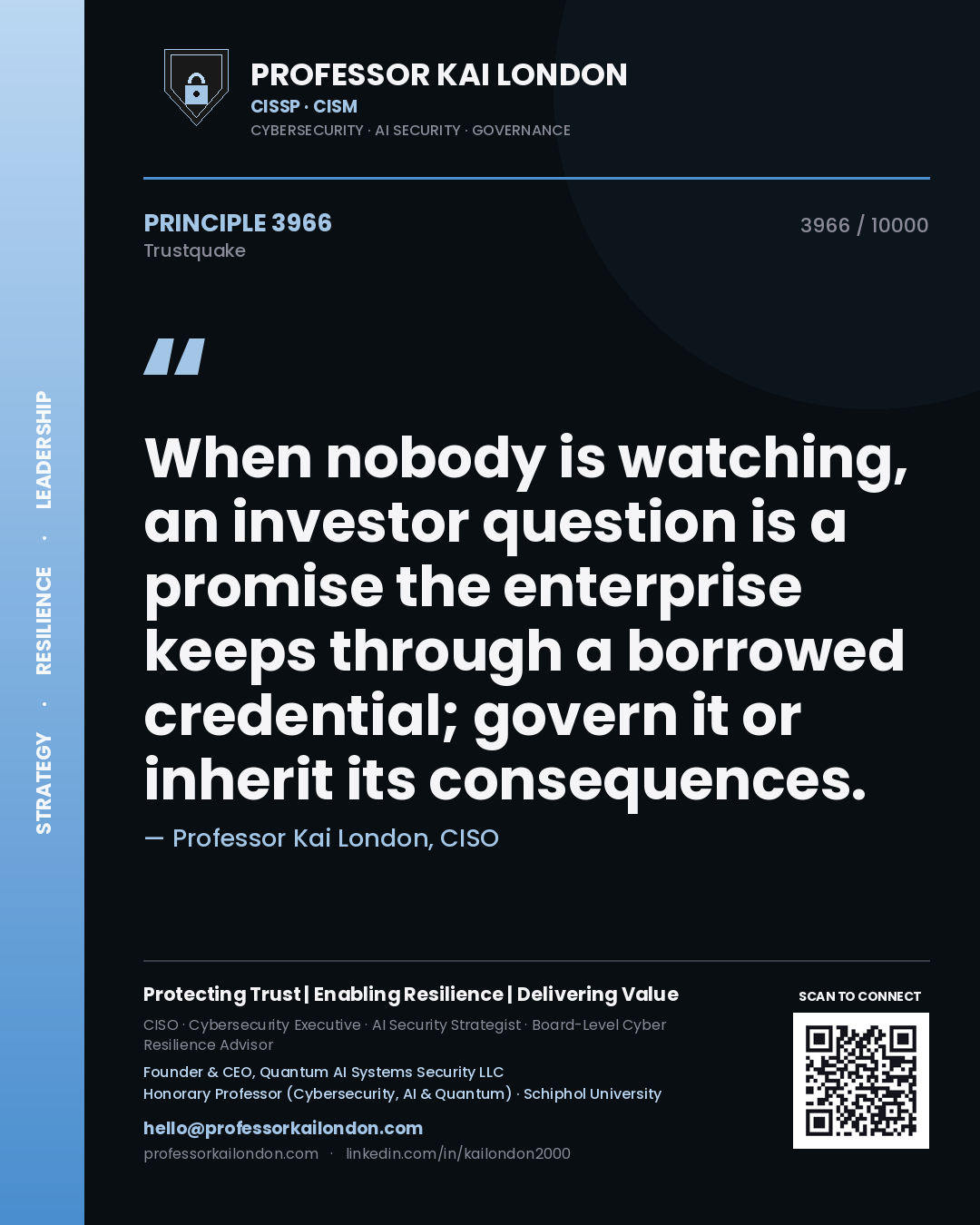 Quote card by Professor Kai London reading 'When nobody is watching, an investor question is a promise the enterprise keeps through a borrowed credential; govern it or inherit its consequences.'. From the book Trustquake.