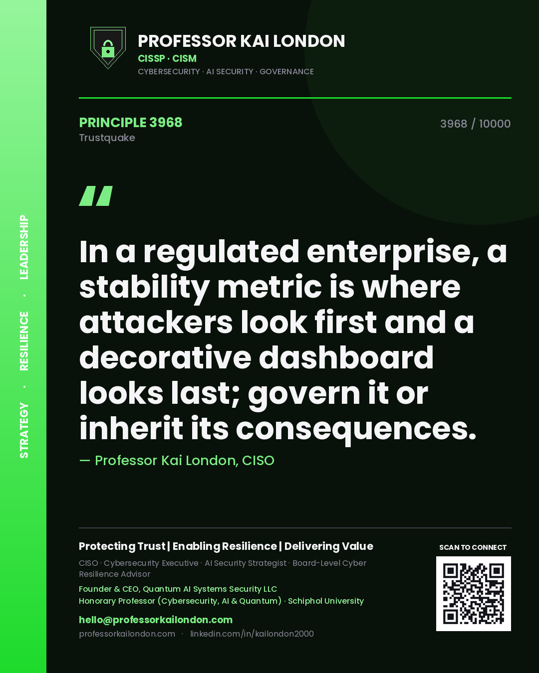 Quote card by Professor Kai London reading 'In a regulated enterprise, a stability metric is where attackers look first and a decorative dashboard looks last; govern it or inherit its consequences.'. From the book Trustquake.