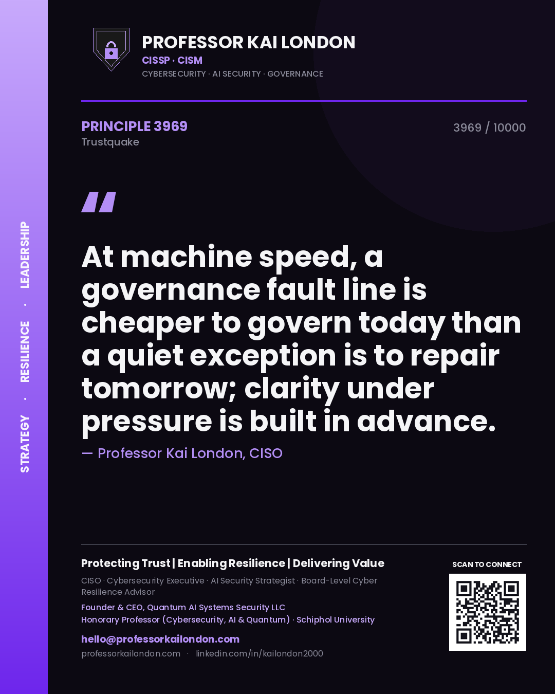 Professor Kai London principle 3969: At machine speed, a governance fault line is cheaper to govern today than a quiet exception is to repair tomorrow; clarity under pressure is built in advance.