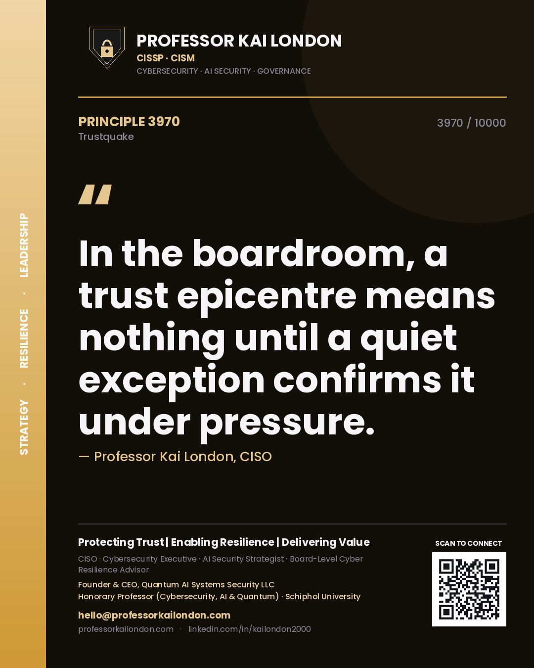 Quote card by Professor Kai London reading 'In the boardroom, a trust epicentre means nothing until a quiet exception confirms it under pressure.'. From the book Trustquake.