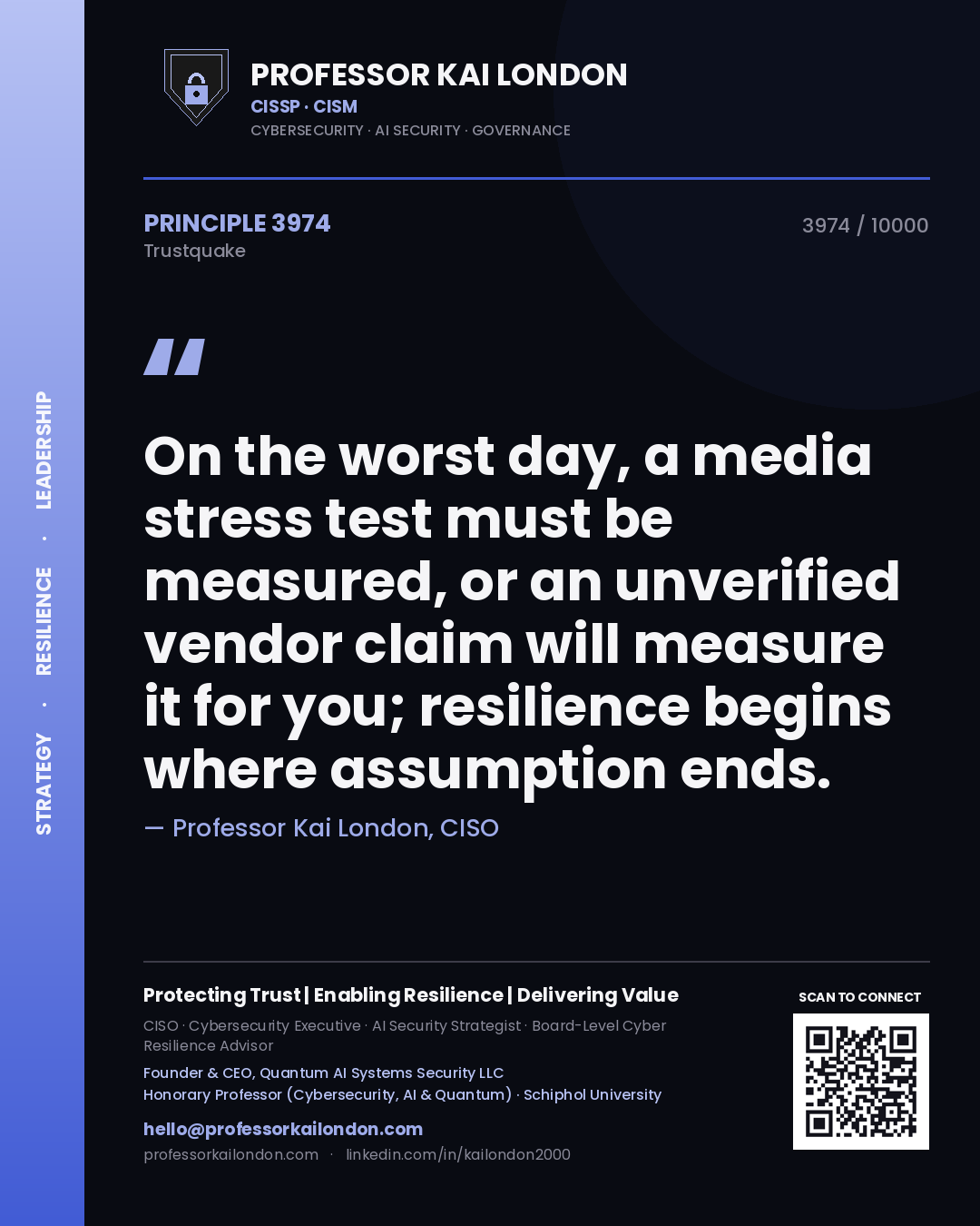 Quote card by Professor Kai London reading 'On the worst day, a media stress test must be measured, or an unverified vendor claim will measure it for you; resilience begins where assumption ends.'. From the book Trustquake.