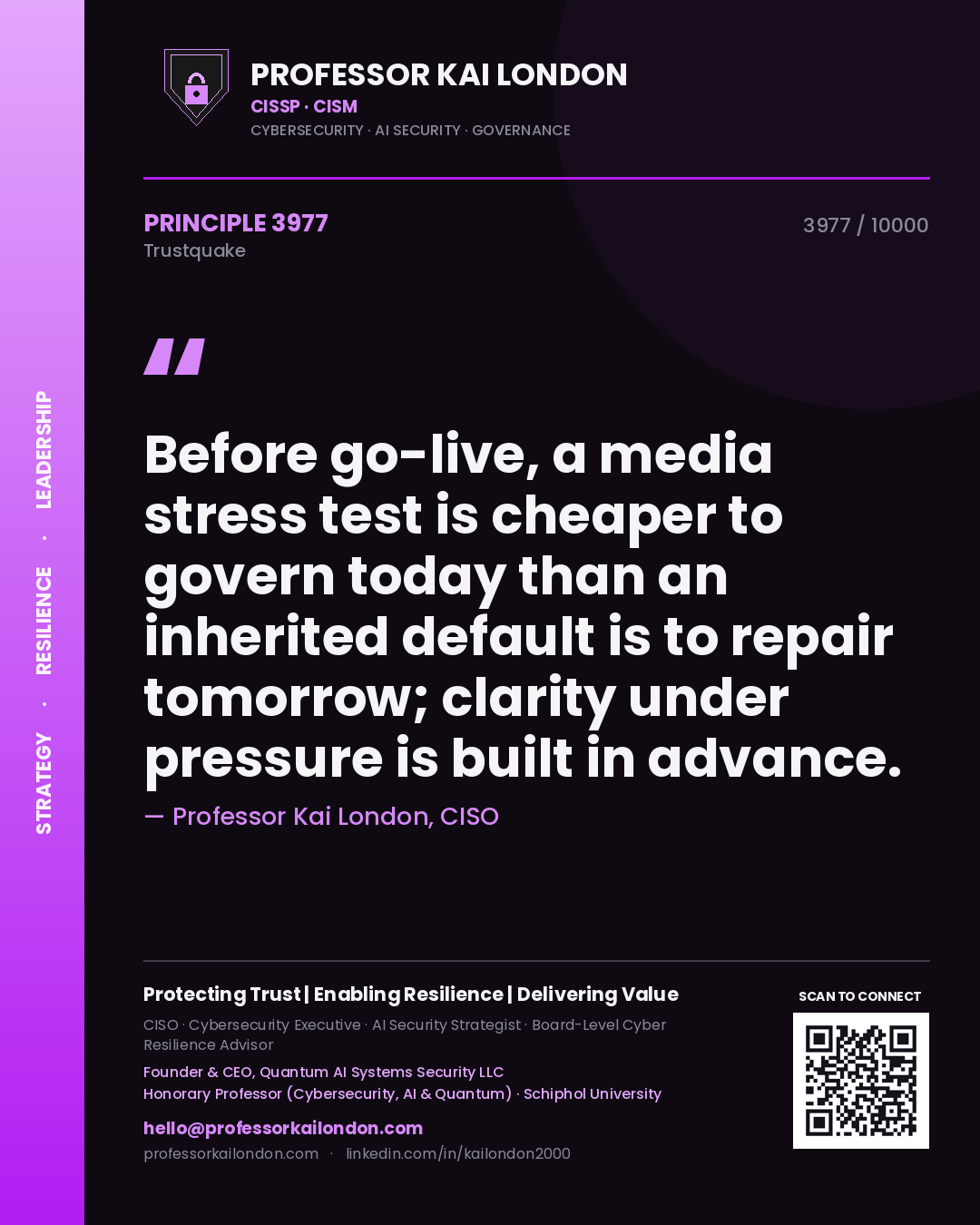 Quote card by Professor Kai London reading 'Before go-live, a media stress test is cheaper to govern today than an inherited default is to repair tomorrow; clarity under pressure is built in advance.'. From the book Trustquake.