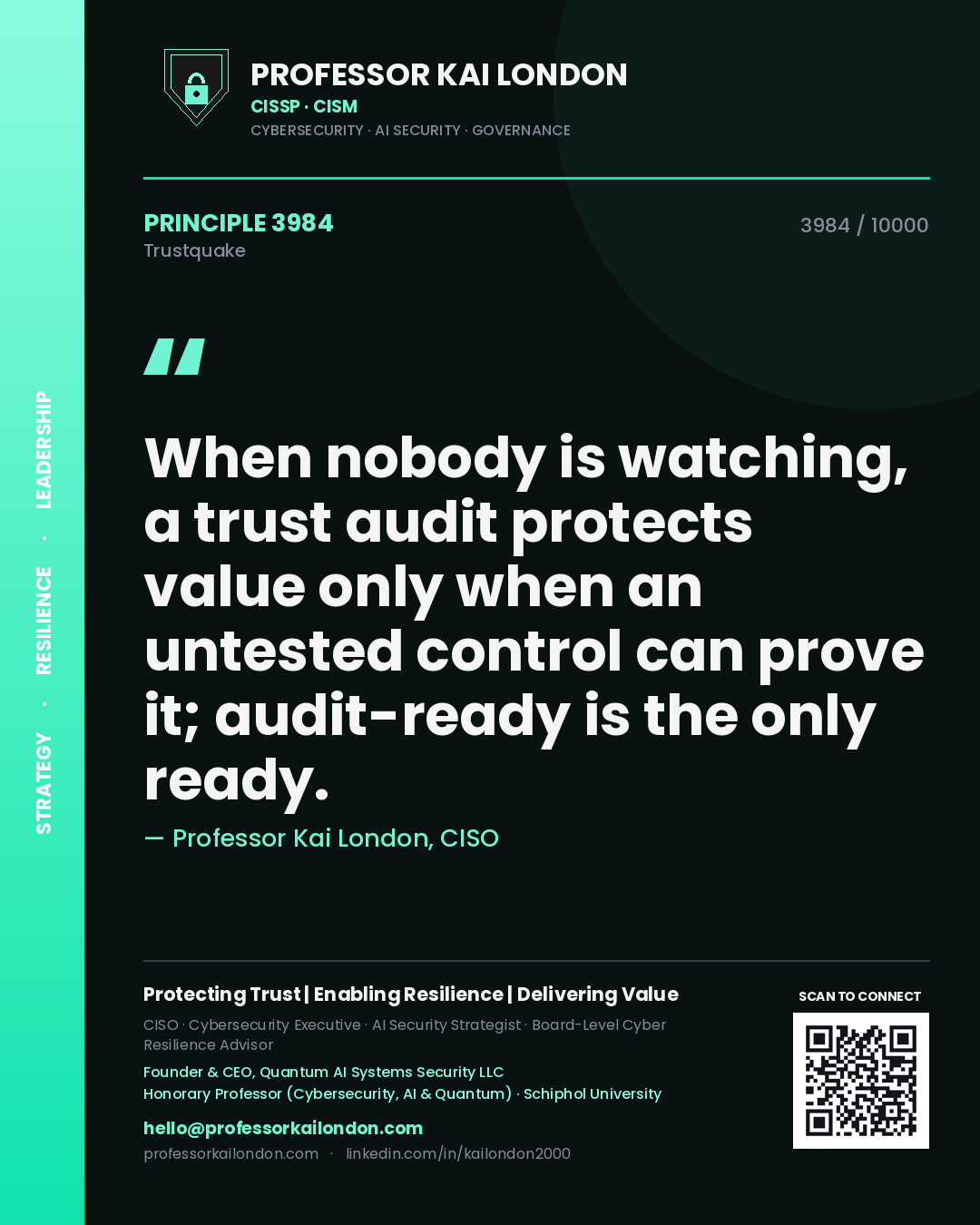 Professor Kai London principle 3984: When nobody is watching, a trust audit protects value only when an untested control can prove it; audit-ready is the only ready.