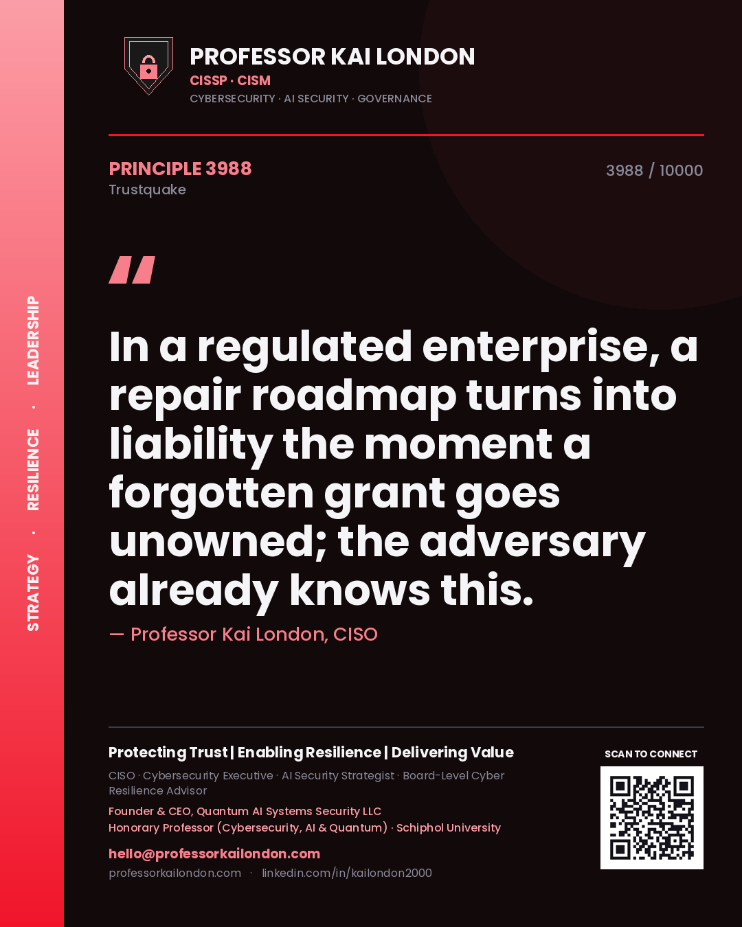 Quote card by Professor Kai London reading 'In a regulated enterprise, a repair roadmap turns into liability the moment a forgotten grant goes unowned; the adversary already knows this.'. From the book Trustquake.