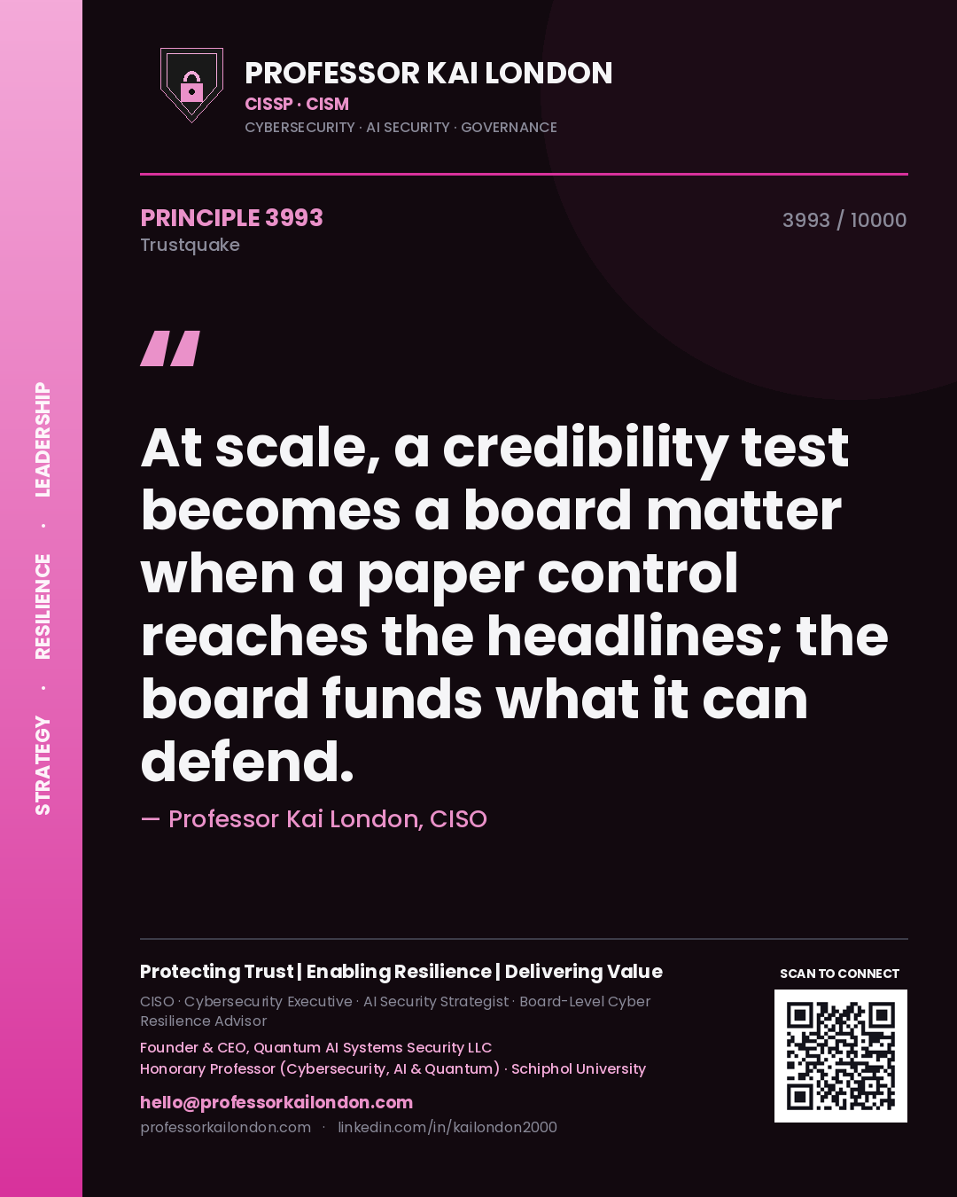 Quote card by Professor Kai London reading 'At scale, a credibility test becomes a board matter when a paper control reaches the headlines; the board funds what it can defend.'. From the book Trustquake.
