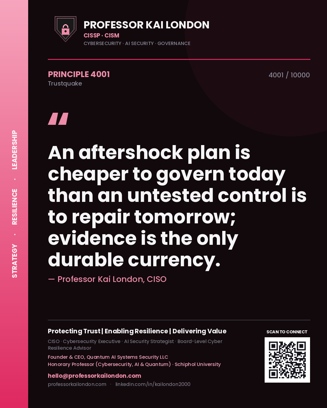Quote card by Professor Kai London reading 'An aftershock plan is cheaper to govern today than an untested control is to repair tomorrow; evidence is the only durable currency.'. From the book Trustquake.