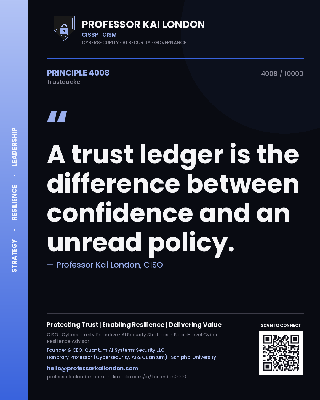 Professor Kai London principle 4008: A trust ledger is the difference between confidence and an unread policy.
