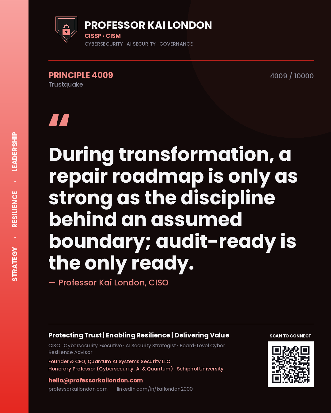 Quote card by Professor Kai London reading 'During transformation, a repair roadmap is only as strong as the discipline behind an assumed boundary; audit-ready is the only ready.'. From the book Trustquake.