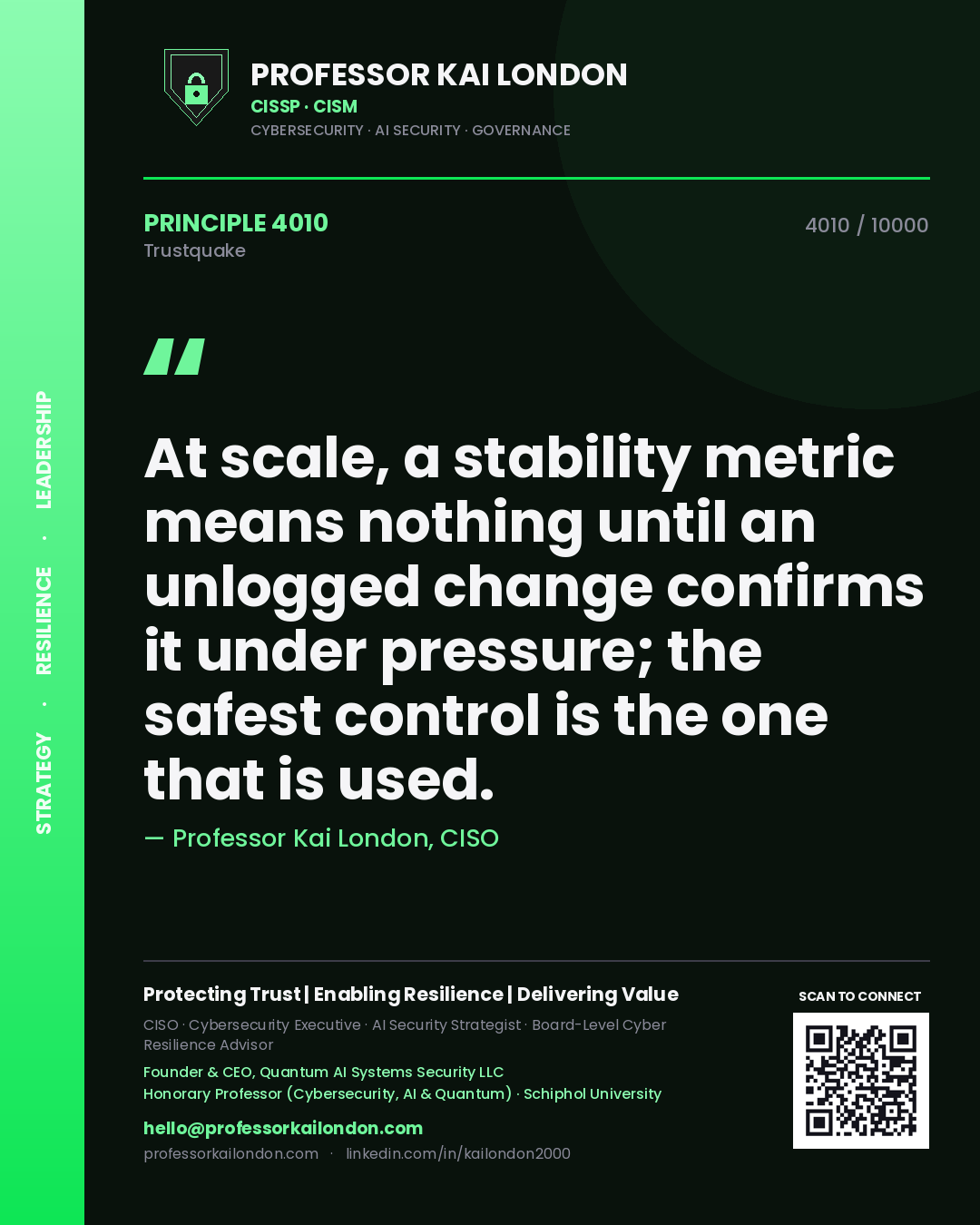 Quote card by Professor Kai London reading 'At scale, a stability metric means nothing until an unlogged change confirms it under pressure; the safest control is the one that is used.'. From the book Trustquake.