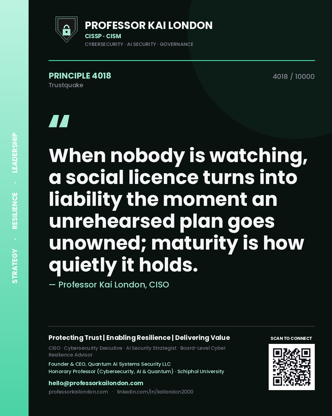 Quote card by Professor Kai London reading 'When nobody is watching, a social licence turns into liability the moment an unrehearsed plan goes unowned; maturity is how quietly it holds.'. From the book Trustquake.