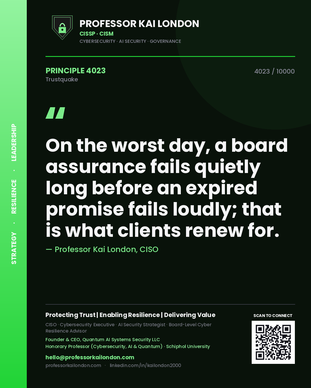 Professor Kai London principle 4023: On the worst day, a board assurance fails quietly long before an expired promise fails loudly; that is what clients renew for.
