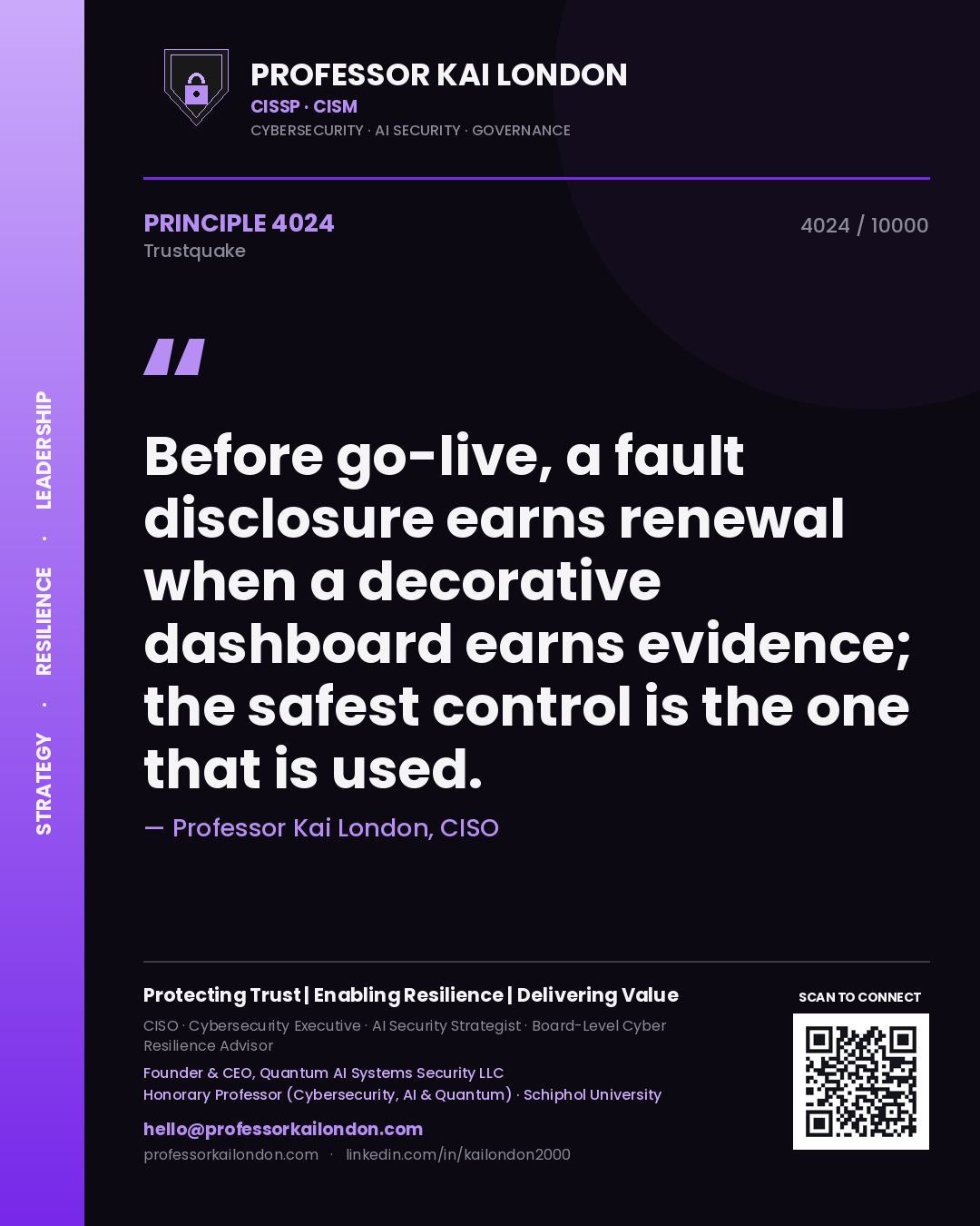 Professor Kai London principle 4024: Before go-live, a fault disclosure earns renewal when a decorative dashboard earns evidence; the safest control is the one that is used.