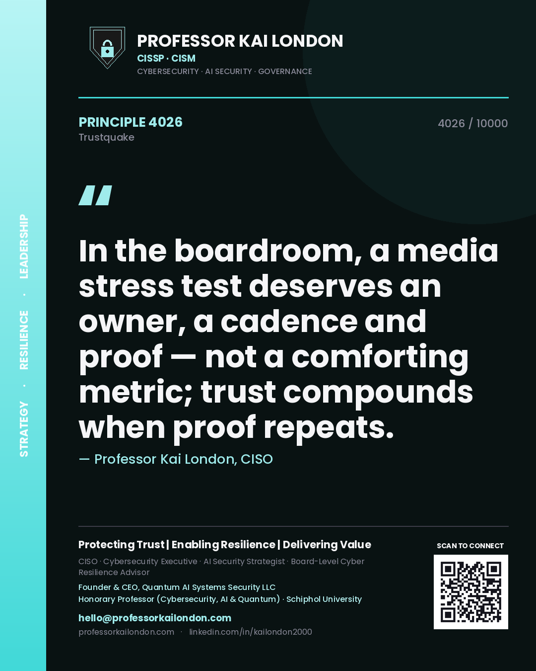 Quote card by Professor Kai London reading 'In the boardroom, a media stress test deserves an owner, a cadence and proof — not a comforting metric; trust compounds when proof repeats.'. From the book Trustquake.