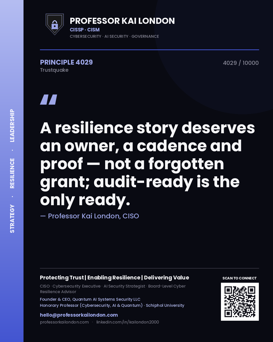 Professor Kai London principle 4029: A resilience story deserves an owner, a cadence and proof — not a forgotten grant; audit-ready is the only ready.